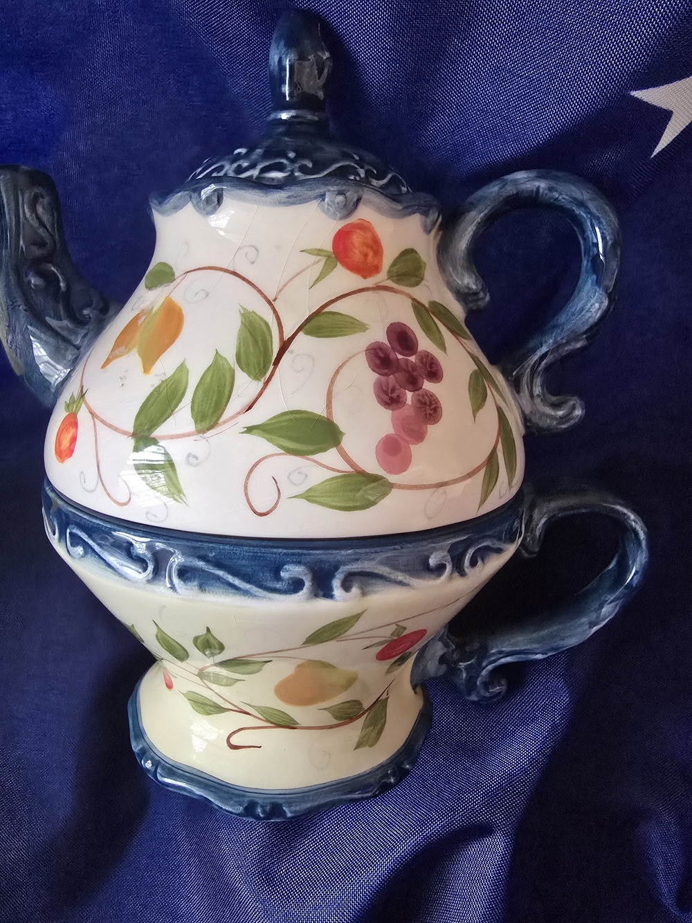 Hand-Painted Floral Ceramic Teapot Set in Blue and Cream